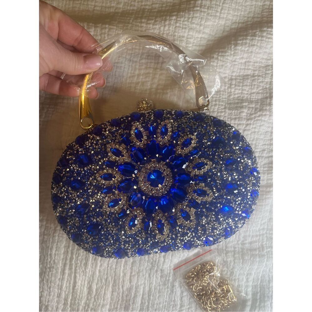 Ramla handmade Sparkling Blue Simulate Diamond Womens Clutch Handbag with strap - Picture 9 of 11